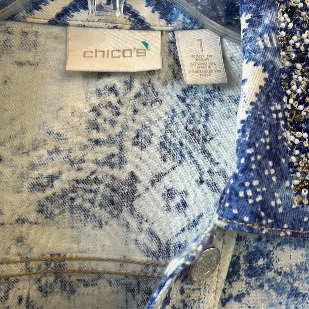 Chicos Mixed Artisan Pattern Beaded Cropped Blue and White Jean Jacket Medium